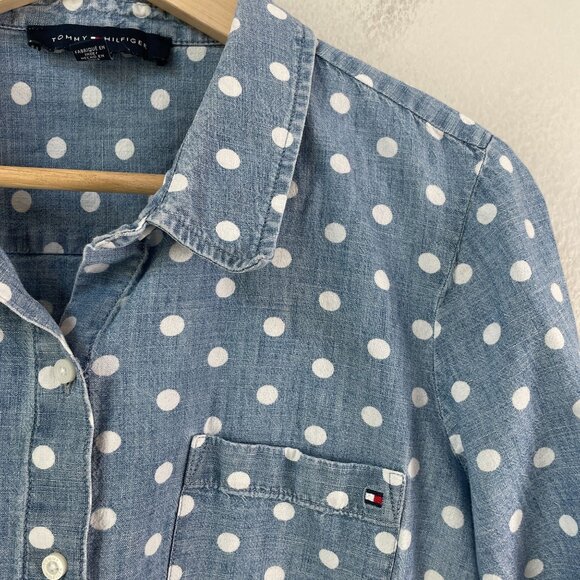 Tommy Hilfiger Womens Large Polka Dot Button Up Chambray Shirt Long Sleeve Top - Picture 5 of 7